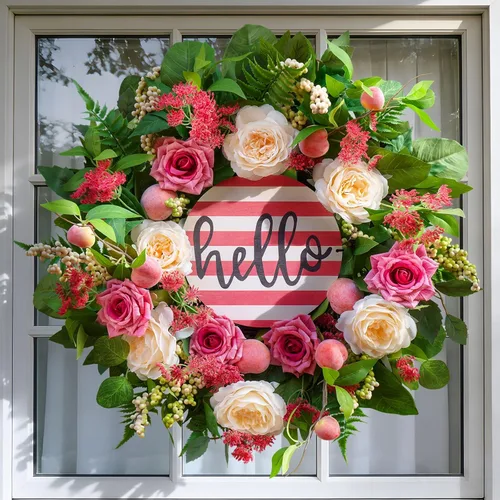 Coronas de primavera y verano para puerta delantera exterior, corona de verano floral de peonía y rosa de 24 pulgadas con decoración de puerta de