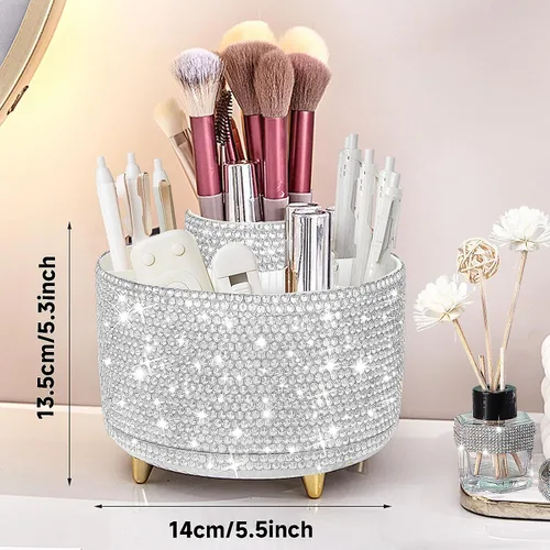Miniatura 5 de Yi-gog Organizador de maquillaje giratorio de 360° con soporte para brochas de bricolaje con diamantes para mujeres y niñas, tocador, escritorio