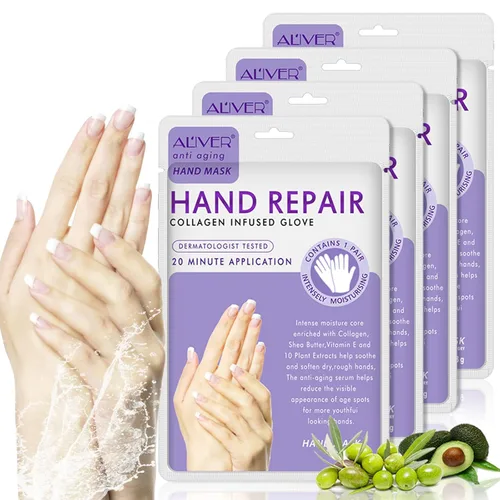 4 paquetes de guantes hidratantes para manos, máscara de spa para manos con colágeno, suero + vitaminas + extractos naturales de plantas para manos
