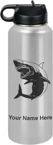 Miniatura 14 de LaserGram Botella de agua personalizada, gran tiburón blanco, acero inoxidable de doble pared aislada al vacío con popote superior, regalo grabado