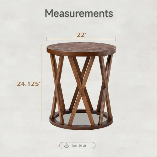 Miniatura 3 de COZAYH Mesa auxiliar de granja, mesa auxiliar redonda rústica con patas de motivos en X, parte superior texturizada de madera, para estilo bohemio