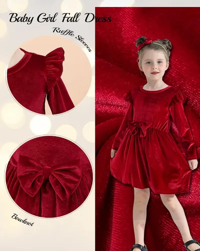 Miniatura 4 de Kucnuzki Vestido de terciopelo para niña pequeña, vestido de terciopelo sólido para niña, vestido de princesa casual para fiesta de otoño