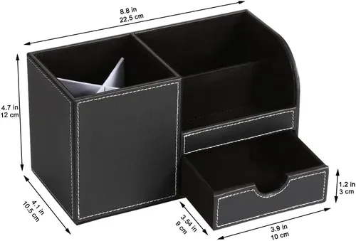 Miniatura 2 de KINGFOM Organizador de escritorio caddy de suministros de oficina de cuero PU, caja de almacenamiento multifunción para bolígrafo/lápiz, teléfono