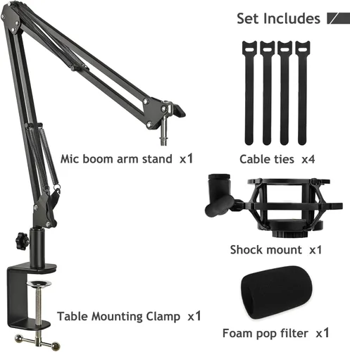 Miniatura 7 de Soporte de micrófono AT2020, brazo de micrófono ajustable con soporte de choque, parabrisas de espuma y bridas para cables, para AT2020 AT2020USB
