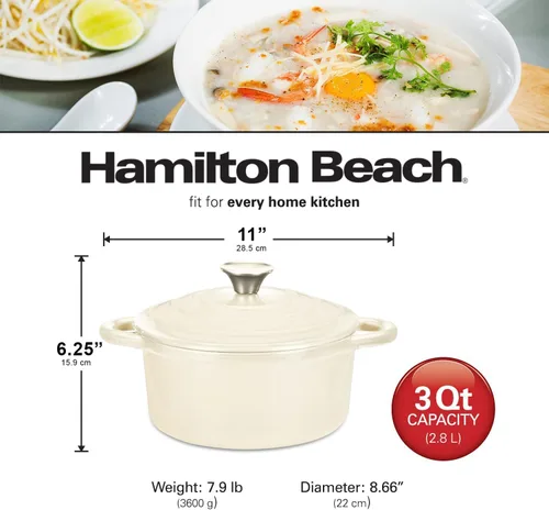 Miniatura 7 de Hamilton Beach Olla holandesa de hierro fundido esmaltado de 3 cuartos de galón con tapa, color crema