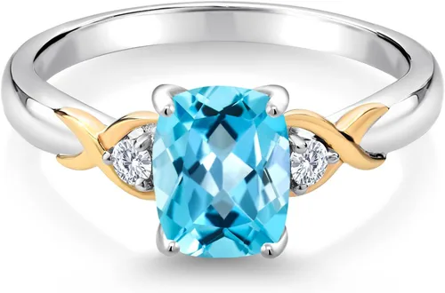 Miniatura 40 de Gem Stone King Anillo de compromiso de 3 piedras preciosas de plata 925 y oro amarillo de 10 quilates de 0.315 x 0.236 in de talla cojín y diamante