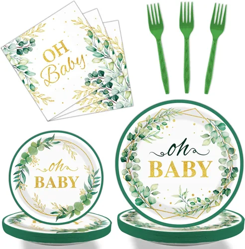 Tevxj Juego de vajilla de 96 piezas Sage Greenery Oh Baby para baby shower, vajilla desechable, platos verdes con lámina dorada, platos para fiestas