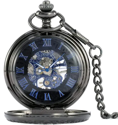 Miniatura 2 de Avaner Steampunk Retro Half Hunter Copper Gear Skeleton Hand Wind Mecánico Número romano árabe Pantalla analógica Reloj de bolsillo con cadena de 14