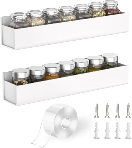Miniatura 8 de PMMASTO Organizador de especias acrílico adhesivo para pared con cinta nano de doble cara, organización de estante de especias para puerta de Blanco
