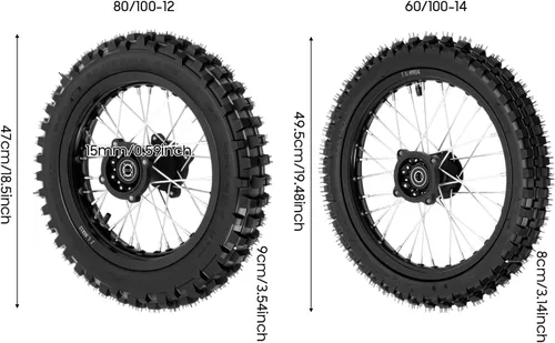 Miniatura 2 de Juego de neumáticos para motocross 60/100-14 ruedas delanteras y 80/100-12 traseras con llanta, tubo, freno de disco y piñón - Se adapta a