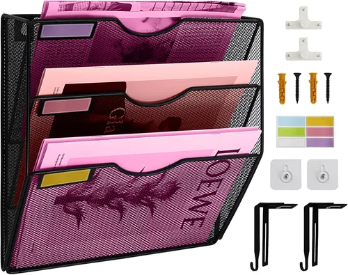 Miniatura 11 de Organizador de archivos de pared de malla con 1 bolsillo, organizador de archivos para colgar en la oficina, revistero, juego de ganchos