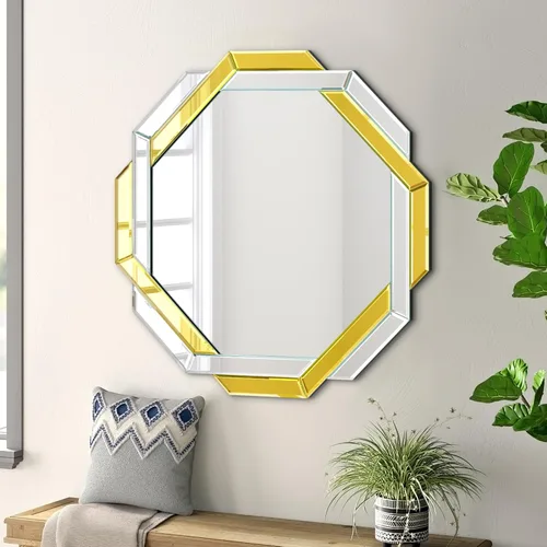 Miniatura 5 de Espejo de baño dorado de 20 x 20 pulgadas, espejo de pared helicoide decorativo, con borde biselado hexagonal sin marco para pared, baño, tocador