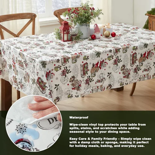Miniatura 3 de Newbridge Mantel cuadrado de vinilo vintage de Navidad de 52 x 52 pulgadas con reverso de franela, estampado retro de Papá Noel, muñeco de nieve