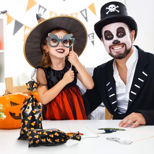 Miniatura 7 de 100 bolsas de celofán de Halloween con patrón de maíz de caramelo, bolsas de celofán con 200 lazos dorados para galletas y aperitivos de chocolate
