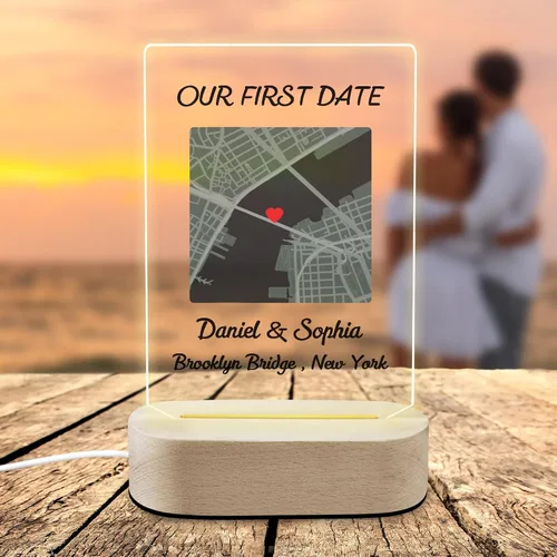 Lámpara de luz nocturna LED personalizada con mapa de la primera fecha para parejas, amantes, esposa, novia, marido, novio, marcos personalizados