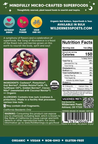 Miniatura 2 de Wilderness Poets, Abundance Wild Mix - Mezcla orgánica de superalimentos crudos (3.25 onzas) de anacardo, pistacho, baya de Goji, cacao, pasas