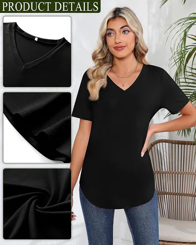 Miniatura 5 de Ficerd Paquete de 2 camisetas con cuello en V para mujer, manga corta o larga, camisetas básicas de verano casuales con dobladillo sólido