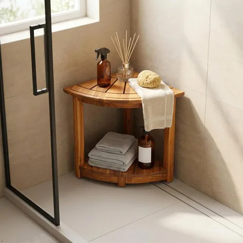 Miniatura 6 de VICTORY RELAX Estante esquinero de madera de acacia para ducha interior, banco de ducha impermeable y reposapiés para afeitarse las piernas, asiento