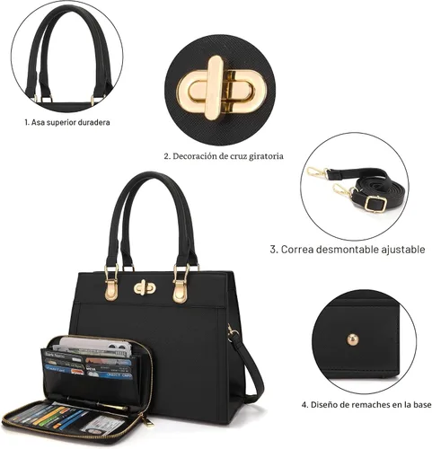 Miniatura 4 de Conjunto de bolso para mujer, bolso de mano, bolso de hombro, asa superior, bolsa de trabajo, bolsa cruzada a juego, 2 piezas