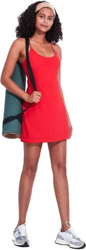 Miniatura 5 de Vestido de entrenamiento para mujer con brasier y pantalones cortos integrados, sin mangas, vestido atlético de tenis y golf con bolsillos