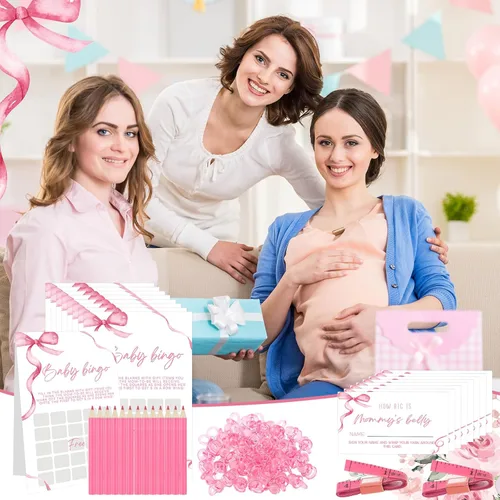 Miniatura 5 de Honoson 279 piezas de juegos de baby shower rosa con moño para 50 invitados, incluyen 8 juegos: Baby Shower Bingo, Price Is Right, Mommy or Daddy