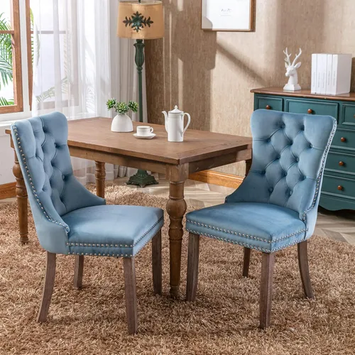 Miniatura 10 de Merax Juego de 2 sillas de comedor de terciopelo, sillas de comedor tapizadas de alta gama con patas de madera, adornos de cabeza de clavo