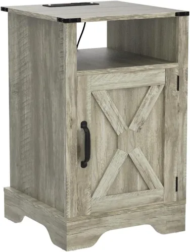 Miniatura 5 de FansaFurn Mesita de noche de granja con estación de carga, mesa auxiliar rústica de madera para dormitorio, sala de estar, 16 pulgadas de Gris claro