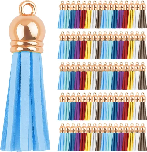 Miniatura 95 de Mandala Crafts 100 borlas de gamuza sintética color aguamarina con tapa dorada, suministros para hacer llaveros a granel, pequeñas borlas de cuero