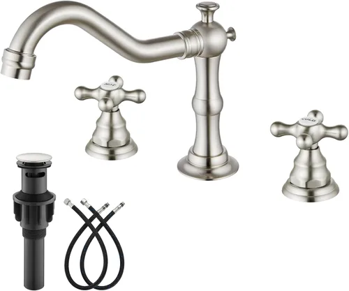 Miniatura 12 de gotonovo Grifo de baño de 3 agujeros y 8 pulgadas, grifo de lavabo de baño extendido, 2 asas cruzadas, grifo mezclador vintage con drenaje Latón