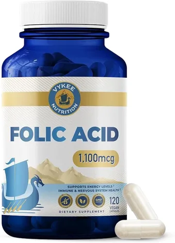 Vykee Nutrition Cápsulas de ácido fólico - Apoya los procesos corporales, la salud prenatal y la energía - Suplemento de vitamina B9 para mujeres -