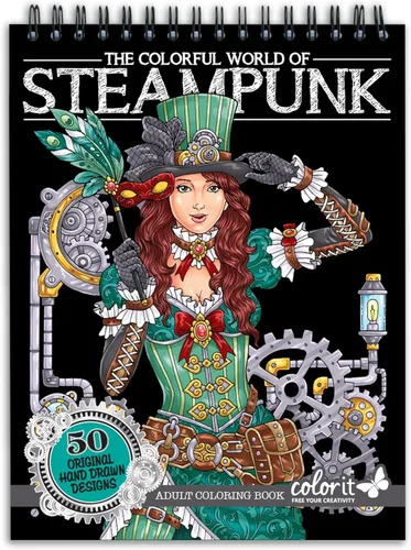 ColorIt Colorful World of Steampunk - Libro para colorear para adultos, 50 diseños de una sola cara, papel liso grueso, tapa dura plana, Blanco