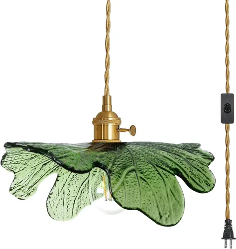 Luz Colgante Enchufable de Cristal Verde Iluminación Colgante de 14.75 pies Luz Colgante con Cable de Enchufe 1-Luz Lámpara Colgante de Latón