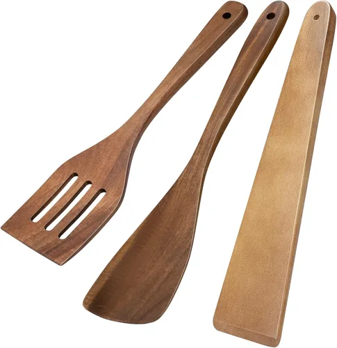 Miniatura 8 de 3 espátulas de madera, juego de espátulas planas de mango largo de 12 pulgadas para sartenes antiadherentes, cucharas de madera multiusos