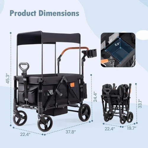 Miniatura 9 de Cochecito Vagón para 2 Niños con Espacio para Pies, Vagón Cochecito Plegable Todo Terreno con Asa Ajustable para Empujar/Jalar, Toldo, Organizador