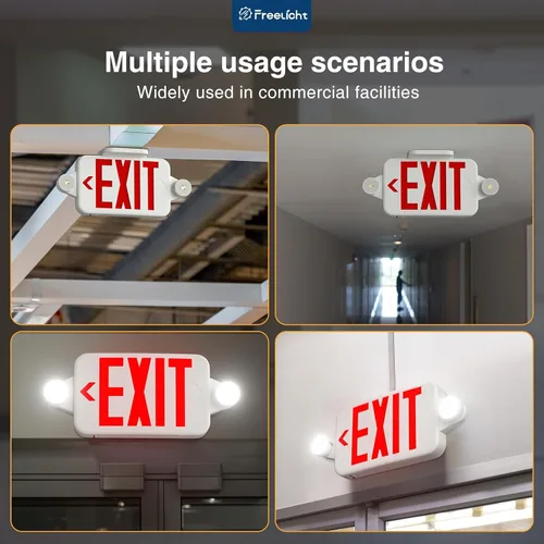 Miniatura 8 de FREELICHT Paquete de 12 letreros de salida LED rojos con luces de emergencia, dos cabezales ajustables, luz de salida de batería, cable duro