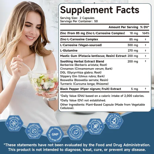 Miniatura 7 de Zinc L Carnosine Complex 85 mg, suplemento de apoyo para la salud digestiva e intestinal 11 en 1, con mezcla calmante de extracto de hierbas
