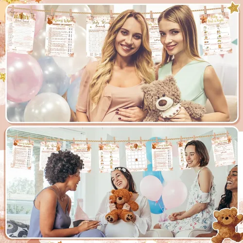 Miniatura 6 de Sherr 320 juegos de baby shower de oso marrón: 6 juegos, 50 hojas cada uno, 20 lápices, incluye descripciones, deseos, adivina quién, bingo