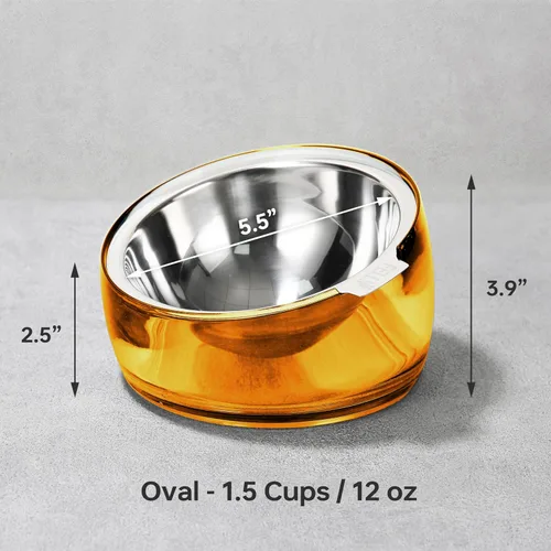 Miniatura 3 de Felli Oblik Cuenco de Comida y Agua para Perros de Acrílico Elevado de Acero Inoxidable Plato Ovalado Inclinado para Perros de Patas Cortas y Dorado