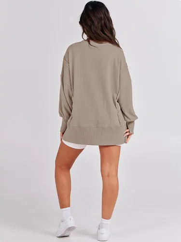 Miniatura 8 de ANRABESS Sudadera de gran tamaño para mujer, cuello redondo, manga larga, casual, con abertura, sin botones, ropa de otoño