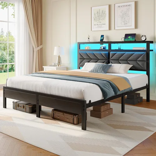 Miniatura 8 de Seventable Base de cama tamaño Queen con estación de carga, cama LED con cabecera de almacenamiento tapizada, cama de plataforma de metal con Gris
