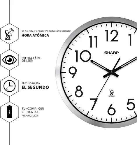 Miniatura 3 de Sharp Reloj de pared analógico atómico de 12 pulgadas, marco negro elegante, funciona con pilas, fácil de leer, fácil de usar, diseño