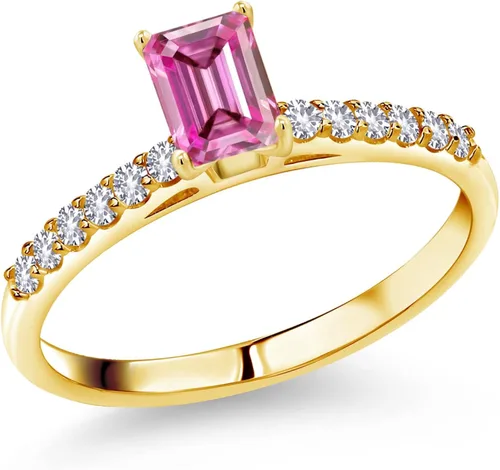 Gem Stone King Anillo de oro amarillo de 10 quilates, color rosa octágono creado moissanita y blanco zafiro creado (1.18 quilates)