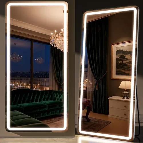 Miniatura 19 de Espejo LED de longitud completa, 30 x 71 pulgadas, espejo de cuerpo completo de vidrio templado con atenuación e iluminación de 3 colores de pie