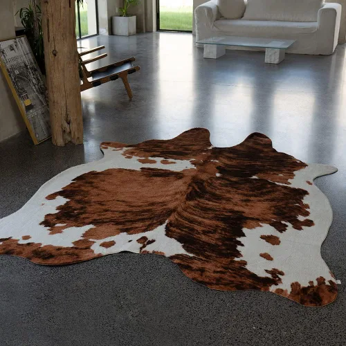Miniatura 5 de rugoo Alfombra de piel de vaca de 6.3 x 7.9 pies, alfombra de piel sintética tricolor, alfombra de piel sintética con estampado de vaca, alfombra