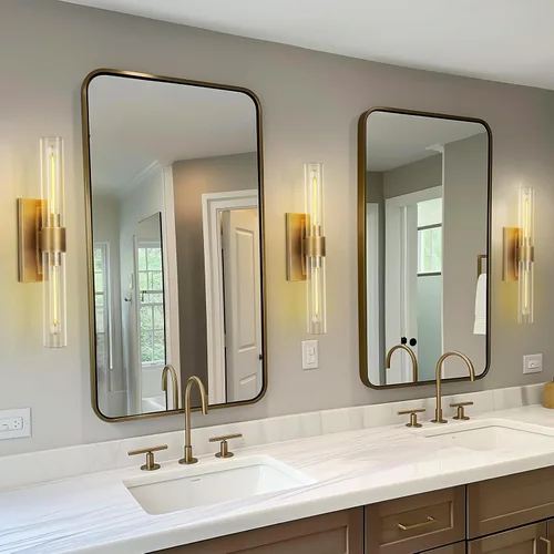 Miniatura 4 de Apliques de pared modernos de latón y vidrio, luces de tocador de 24 pulgadas para baño, 2 luces, aplique de pared lineal horizontal o vertical