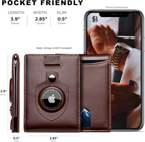 Miniatura 10 de SERMAN BRANDS - Billetera sencilla de cuero genuino con bloqueo RFID para hombre, billetera delgada con bolsillo frontal y clip para dinero