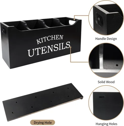 Miniatura 6 de Soporte para utensilios de cocina de madera, extra grande, 4 compartimentos, con parte inferior de drenaje para encimera, organizador