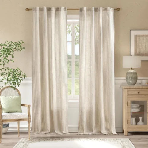 Miniatura 21 de JINCHAN Cortinas de lino para sala de estar o dormitorio, con estampado a rayas verde salvia sobre beige, rayas delgadas que filtran la luz