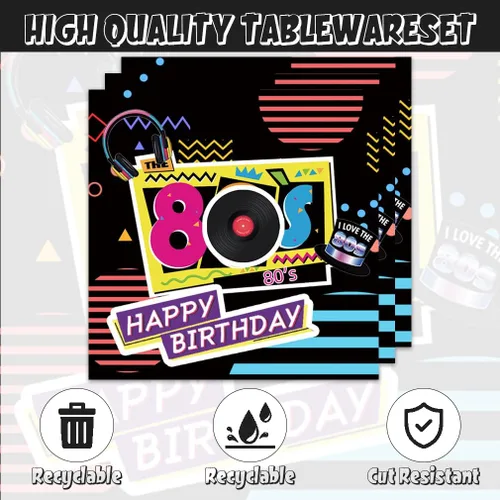 Miniatura 4 de 40 Piezas Decoraciones de Fiesta de Cumpleaños de los Años 80 Platos Vajilla Temática de los Años 80 Incluye Platos de Papel Servilletas para 20