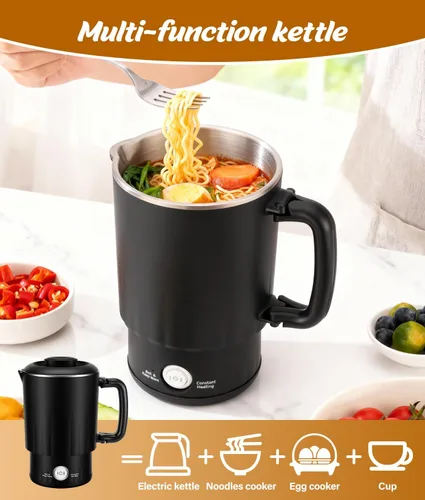 Miniatura 7 de Hervidor eléctrico portátil de viaje, hervidor de agua pequeño de 20.3 fl oz con taza de cerámica, caldera de agua de acero inoxidable 304 con doble